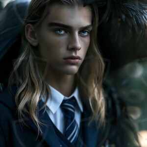 Explore AI-generated House Ravenclaw art handsome shirtless wizards from the raven house of Hogwarts summoning massive protective ravens. Fantasy wizard school digital art.