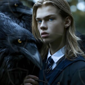 Explore AI-generated House Ravenclaw art handsome shirtless wizards from the raven house of Hogwarts summoning massive protective ravens. Fantasy wizard school digital art.