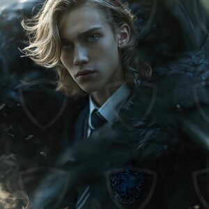 Explore AI-generated House Ravenclaw art handsome shirtless wizards from the raven house of Hogwarts summoning massive protective ravens. Fantasy wizard school digital art.