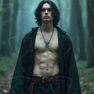 Explore AI-generated House Ravenclaw art handsome shirtless wizards from the raven house of Hogwarts summoning massive protective ravens. Fantasy wizard school digital art.