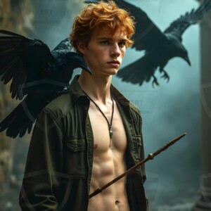 Explore AI-generated House Ravenclaw art handsome shirtless wizards from the raven house of Hogwarts summoning massive protective ravens. Fantasy wizard school digital art.