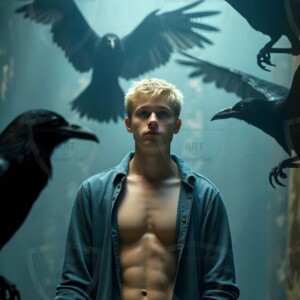 Explore AI-generated House Ravenclaw art handsome shirtless wizards from the raven house of Hogwarts summoning massive protective ravens. Fantasy wizard school digital art.