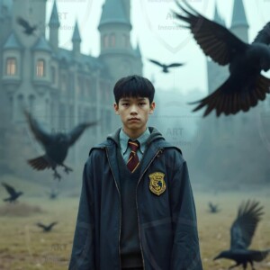 Explore AI-generated House Ravenclaw art handsome shirtless wizards from the raven house of Hogwarts summoning massive protective ravens. Fantasy wizard school digital art.