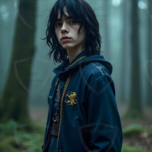 Explore AI-generated House Ravenclaw art handsome shirtless wizards from the raven house of Hogwarts summoning massive protective ravens. Fantasy wizard school digital art.