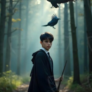 Explore AI-generated House Ravenclaw art handsome shirtless wizards from the raven house of Hogwarts summoning massive protective ravens. Fantasy wizard school digital art.