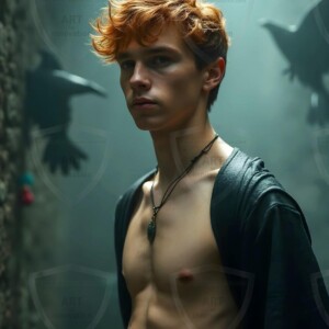 Explore AI-generated House Ravenclaw art handsome shirtless wizards from the raven house of Hogwarts summoning massive protective ravens. Fantasy wizard school digital art.