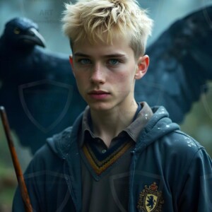 Explore AI-generated House Ravenclaw art handsome shirtless wizards from the raven house of Hogwarts summoning massive protective ravens. Fantasy wizard school digital art.