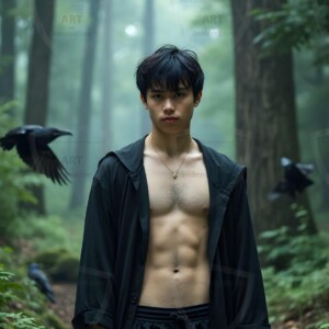 Explore AI-generated House Ravenclaw art handsome shirtless wizards from the raven house of Hogwarts summoning massive protective ravens. Fantasy wizard school digital art.