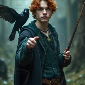 Explore AI-generated House Ravenclaw art handsome shirtless wizards from the raven house of Hogwarts summoning massive protective ravens. Fantasy wizard school digital art.
