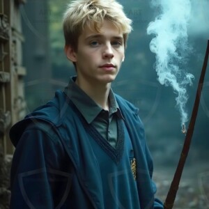 Explore AI-generated House Ravenclaw art handsome shirtless wizards from the raven house of Hogwarts summoning massive protective ravens. Fantasy wizard school digital art.