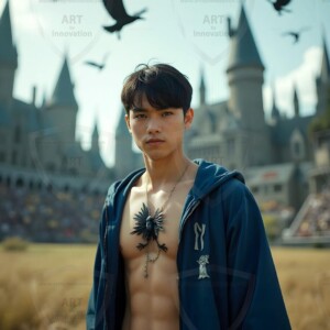 Explore AI-generated House Ravenclaw art handsome shirtless wizards from the raven house of Hogwarts summoning massive protective ravens. Fantasy wizard school digital art.