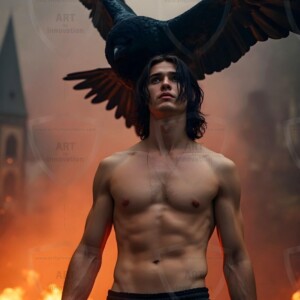 Explore AI-generated House Ravenclaw art handsome shirtless wizards from the raven house of Hogwarts summoning massive protective ravens. Fantasy wizard school digital art.