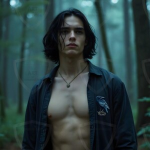 Explore AI-generated House Ravenclaw art handsome shirtless wizards from the raven house of Hogwarts summoning massive protective ravens. Fantasy wizard school digital art.