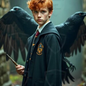Explore AI-generated House Ravenclaw art handsome shirtless wizards from the raven house of Hogwarts summoning massive protective ravens. Fantasy wizard school digital art.