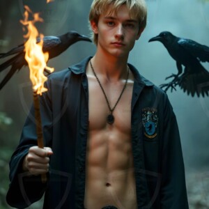 Explore AI-generated House Ravenclaw art handsome shirtless wizards from the raven house of Hogwarts summoning massive protective ravens. Fantasy wizard school digital art.