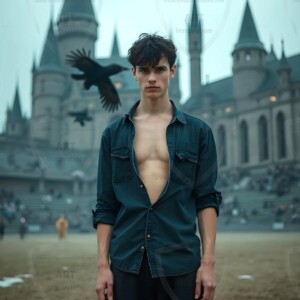 Explore AI-generated House Ravenclaw art handsome shirtless wizards from the raven house of Hogwarts summoning massive protective ravens. Fantasy wizard school digital art.