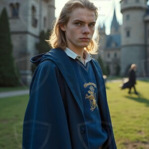 Explore AI-generated House Ravenclaw art handsome shirtless wizards from the raven house of Hogwarts summoning massive protective ravens. Fantasy wizard school digital art.