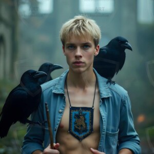 Explore AI-generated House Ravenclaw art handsome shirtless wizards from the raven house of Hogwarts summoning massive protective ravens. Fantasy wizard school digital art.