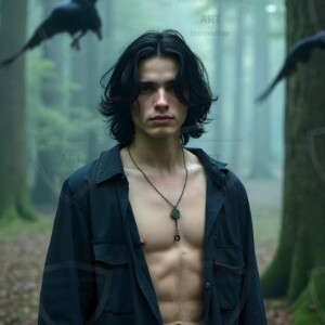 Explore AI-generated House Ravenclaw art handsome shirtless wizards from the raven house of Hogwarts summoning massive protective ravens. Fantasy wizard school digital art.