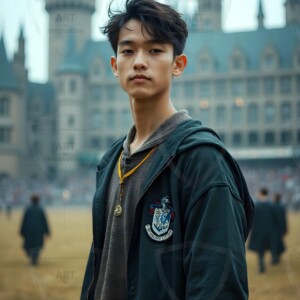 Explore AI-generated House Ravenclaw art handsome shirtless wizards from the raven house of Hogwarts summoning massive protective ravens. Fantasy wizard school digital art.