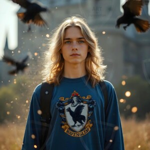 Explore AI-generated House Ravenclaw art handsome shirtless wizards from the raven house of Hogwarts summoning massive protective ravens. Fantasy wizard school digital art.