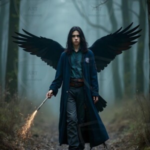 Explore AI-generated House Ravenclaw art handsome shirtless wizards from the raven house of Hogwarts summoning massive protective ravens. Fantasy wizard school digital art.