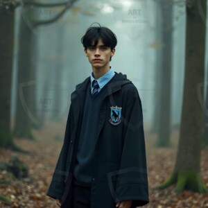 Explore AI-generated House Ravenclaw art handsome shirtless wizards from the raven house of Hogwarts summoning massive protective ravens. Fantasy wizard school digital art.