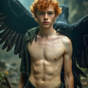 Explore AI-generated House Ravenclaw art handsome shirtless wizards from the raven house of Hogwarts summoning massive protective ravens. Fantasy wizard school digital art.