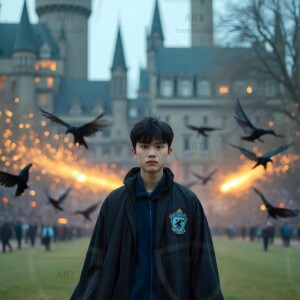 Explore AI-generated House Ravenclaw art handsome shirtless wizards from the raven house of Hogwarts summoning massive protective ravens. Fantasy wizard school digital art.