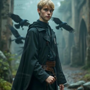 Explore AI-generated House Ravenclaw art handsome shirtless wizards from the raven house of Hogwarts summoning massive protective ravens. Fantasy wizard school digital art.