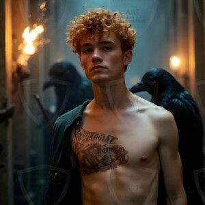 Explore AI-generated House Ravenclaw art handsome shirtless wizards from the raven house of Hogwarts summoning massive protective ravens. Fantasy wizard school digital art.