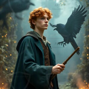Explore AI-generated House Ravenclaw art handsome shirtless wizards from the raven house of Hogwarts summoning massive protective ravens. Fantasy wizard school digital art.