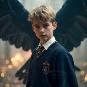 Explore AI-generated House Ravenclaw art handsome shirtless wizards from the raven house of Hogwarts summoning massive protective ravens. Fantasy wizard school digital art.