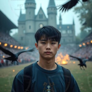 Explore AI-generated House Ravenclaw art handsome shirtless wizards from the raven house of Hogwarts summoning massive protective ravens. Fantasy wizard school digital art.