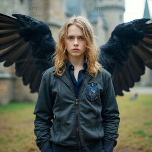 Explore AI-generated House Ravenclaw art handsome shirtless wizards from the raven house of Hogwarts summoning massive protective ravens. Fantasy wizard school digital art.