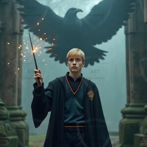 Explore AI-generated House Ravenclaw art handsome shirtless wizards from the raven house of Hogwarts summoning massive protective ravens. Fantasy wizard school digital art.