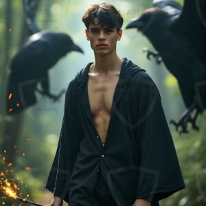 Explore AI-generated House Ravenclaw art handsome shirtless wizards from the raven house of Hogwarts summoning massive protective ravens. Fantasy wizard school digital art.