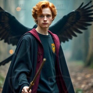Explore AI-generated House Ravenclaw art handsome shirtless wizards from the raven house of Hogwarts summoning massive protective ravens. Fantasy wizard school digital art.