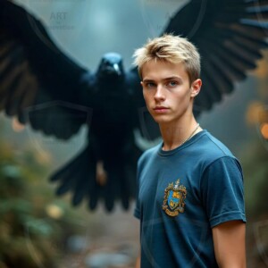 Explore AI-generated House Ravenclaw art handsome shirtless wizards from the raven house of Hogwarts summoning massive protective ravens. Fantasy wizard school digital art.