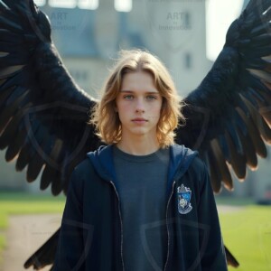 Explore AI-generated House Ravenclaw art handsome shirtless wizards from the raven house of Hogwarts summoning massive protective ravens. Fantasy wizard school digital art.