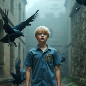 Explore AI-generated House Ravenclaw art handsome shirtless wizards from the raven house of Hogwarts summoning massive protective ravens. Fantasy wizard school digital art.