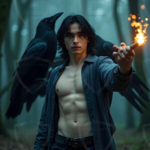 Explore AI-generated House Ravenclaw art handsome shirtless wizards from the raven house of Hogwarts summoning massive protective ravens. Fantasy wizard school digital art.
