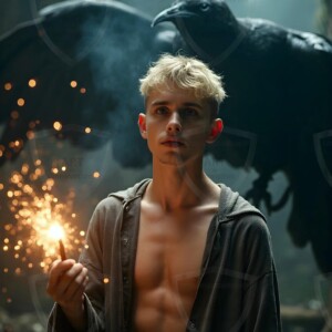 Explore AI-generated House Ravenclaw art handsome shirtless wizards from the raven house of Hogwarts summoning massive protective ravens. Fantasy wizard school digital art.