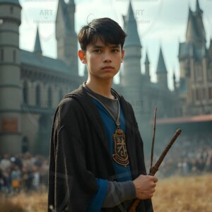 Explore AI-generated House Ravenclaw art handsome shirtless wizards from the raven house of Hogwarts summoning massive protective ravens. Fantasy wizard school digital art.