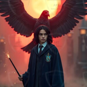 Explore AI-generated House Ravenclaw art handsome shirtless wizards from the raven house of Hogwarts summoning massive protective ravens. Fantasy wizard school digital art.