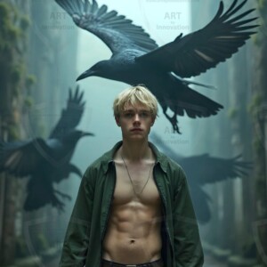 Explore AI-generated House Ravenclaw art handsome shirtless wizards from the raven house of Hogwarts summoning massive protective ravens. Fantasy wizard school digital art.