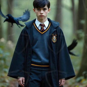 Explore AI-generated House Ravenclaw art handsome shirtless wizards from the raven house of Hogwarts summoning massive protective ravens. Fantasy wizard school digital art.