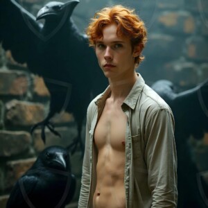 Explore AI-generated House Ravenclaw art handsome shirtless wizards from the raven house of Hogwarts summoning massive protective ravens. Fantasy wizard school digital art.