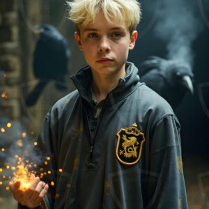 Explore AI-generated House Ravenclaw art handsome shirtless wizards from the raven house of Hogwarts summoning massive protective ravens. Fantasy wizard school digital art.