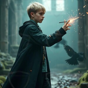 Explore AI-generated House Ravenclaw art handsome shirtless wizards from the raven house of Hogwarts summoning massive protective ravens. Fantasy wizard school digital art.